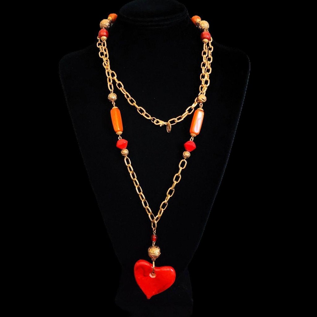 Rare Vintage 1980s Diane Von Furstenberg Signed Dvf Heart Necklace + Pouch